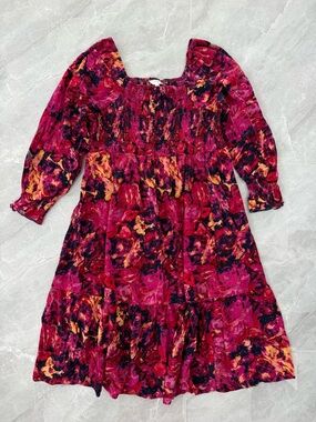 Women’s Terra & Sky Square Neck Smocked Floral Midi Peasant Dress Plus Size 2X